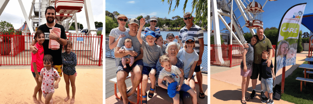 Three families enjoying a day at Adventure Park Geelong. They are smiling and waving at the camera.