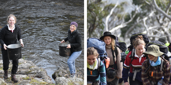 Young adults are collecting water from a river, and hiking outdoors.