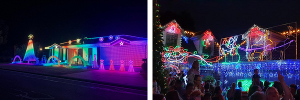 Two images of houses with colourful Christmas lights lit up