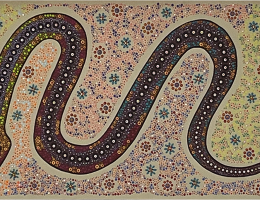 Darren's painting of the Rainbow Serpent. A snake is surrounded by bush flowers and hundreds of dots
