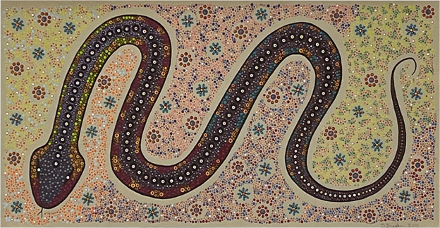 Darren's painting of the Rainbow Serpent. A snake is surrounded by bush flowers and hundreds of dots