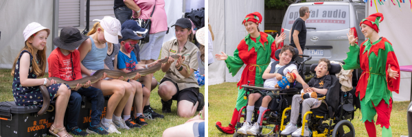 Two images - children holding a snake at an animal farm, and two boys sitting in their wheelchairs smiling with two adults dressed in Christmas outfits.