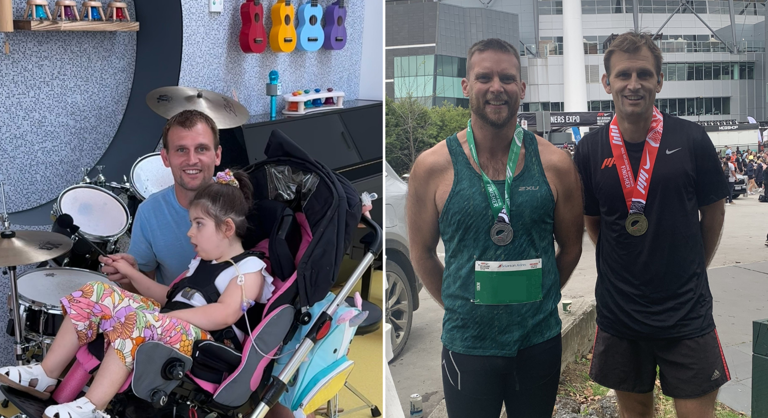 Picture on left: Ryan and his daughter Annie playing drums in the music therapy room at Very Special Kids House. Picture on right: Ryan and Jack participating in Nike Melbourne Marathon.